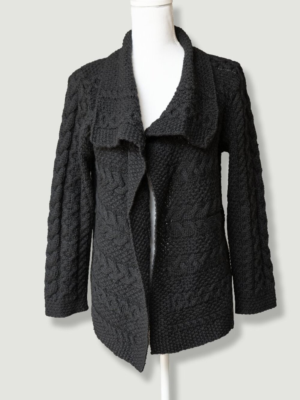 Inis Crafts Cable Knit Cardigan Sweater Black Open Front Hand Made Chunky Knit